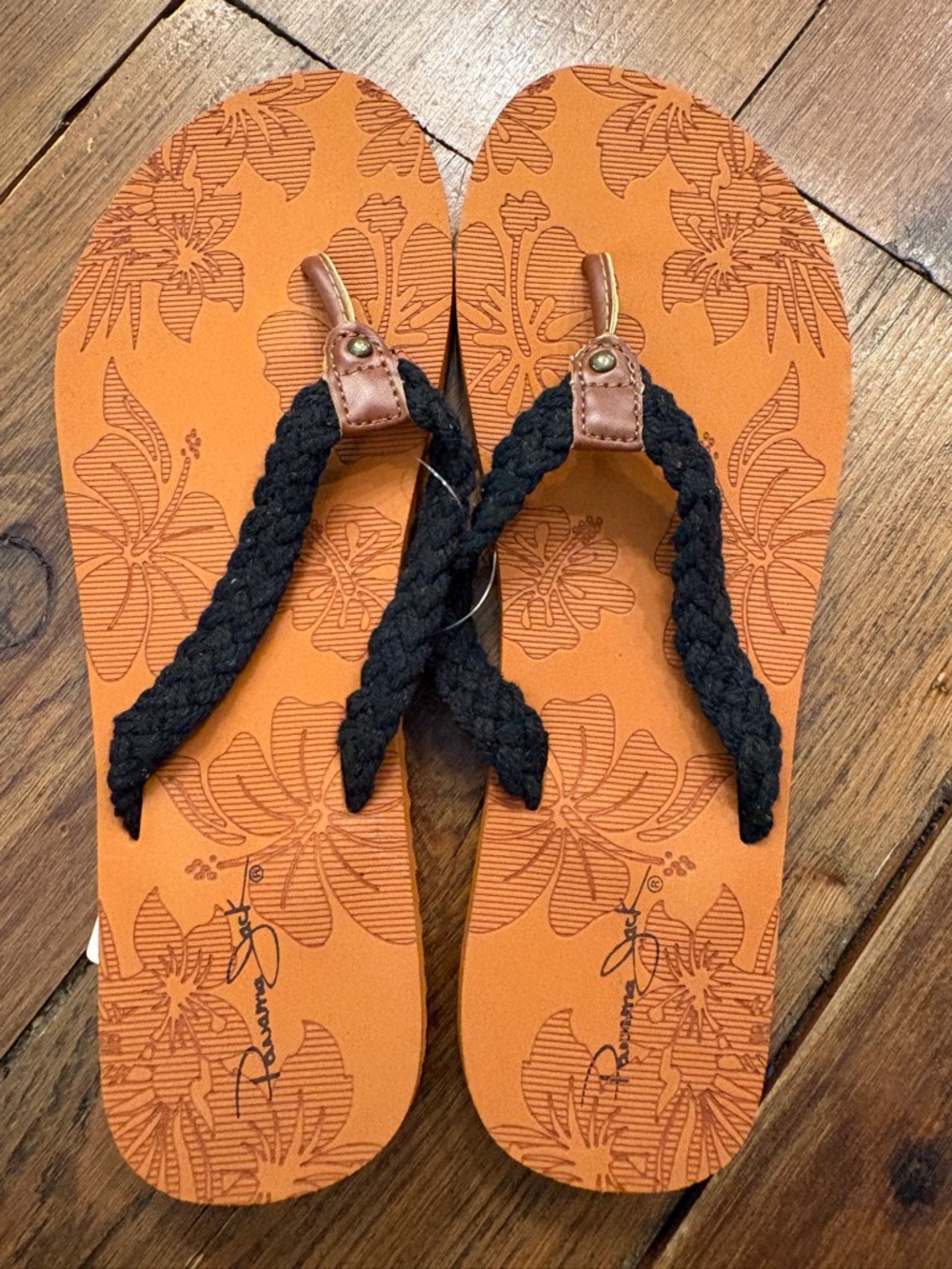 Panama Jack Orange Floral Flip-Flop Sandals with Black Braided Straps